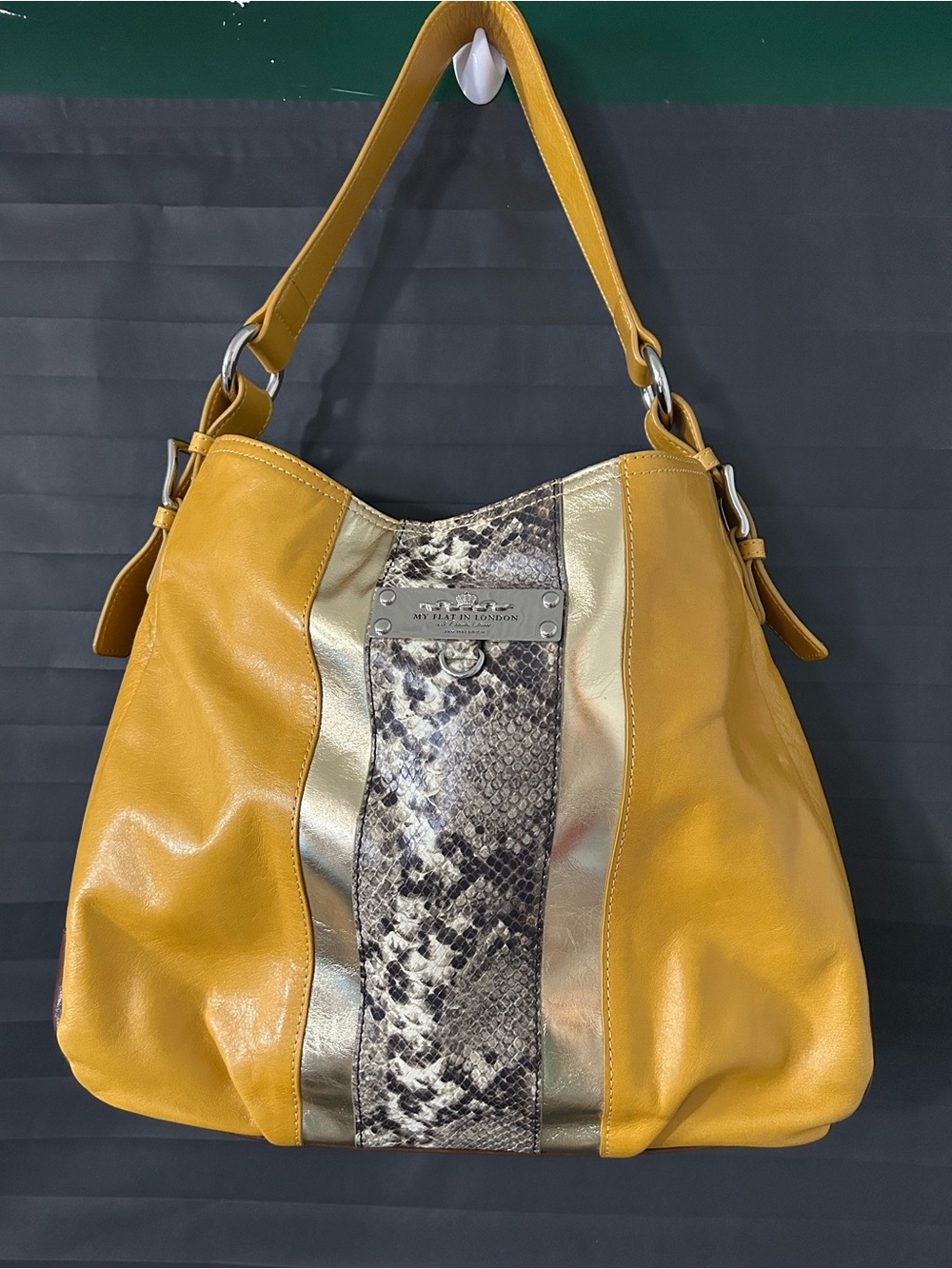 My Flat In London Yellow Leather Hobo Bag with Snake-Print Trim